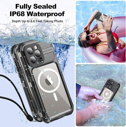 WIFORT for iPhone 15 Pro Max Waterproof Case - Metal Shockproof Phone Case Built-in Screen Protector [IP68 Water Proof][14FT Military Grade ], Heavy Duty Full Body Drop Protection Cover, 6.7" Black