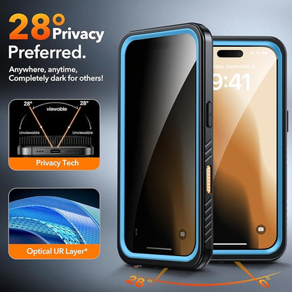 ANTSHARE for iPhone 16 Pro Case Waterproof, [Anti Spy] for iPhone 16 Pro Privacy Screen Protector, [IP68 Under Water] Heavy Duty Full-Body Shockproof Phone Case, Blue