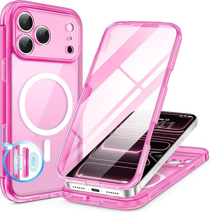 BERFY for iPhone 17 Pro Max Case, Compatible with MagSafe, Built-in Glass Screen Protector, Camera Protection, Shockproof Full Body Phone case 6.9", Clear Bright Pink