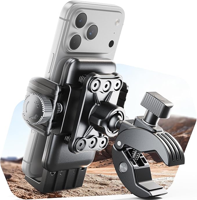 SUPERONE Motorcycle Phone Mount Holder, [Dual Vibration Dampener] Bike Phone Holder Handlebar Clamp, [Camera Friendly] Bicycle Scooter Phone Clip, Compatible with iPhone, Samsung, All Cell Phone