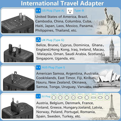 Worldwide 35W Travel Adapter Fast Charger 4-in-1 International Wall Plug with 2 USB-A & 2 USB-C Ports, All-in-One AC Outlet for US, UK, EU, AUS, Asia