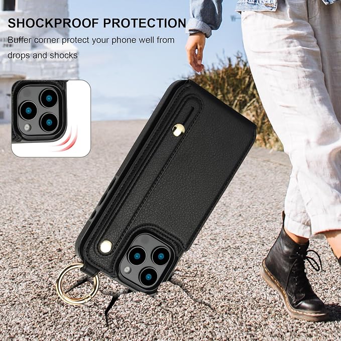 Folosu for iPhone 16 Pro Max Wallet Case with Card Holder, Hand Wrist Strap Loop Holder Kickstand, RFID Blocking Finger Grip Ring PU Leather Double Buttons Shockproof Cover 6.9" Black