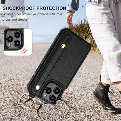 Folosu for iPhone 16 Pro Max Wallet Case with Card Holder, Hand Wrist Strap Loop Holder Kickstand, RFID Blocking Finger Grip Ring PU Leather Double Buttons Shockproof Cover 6.9" Black