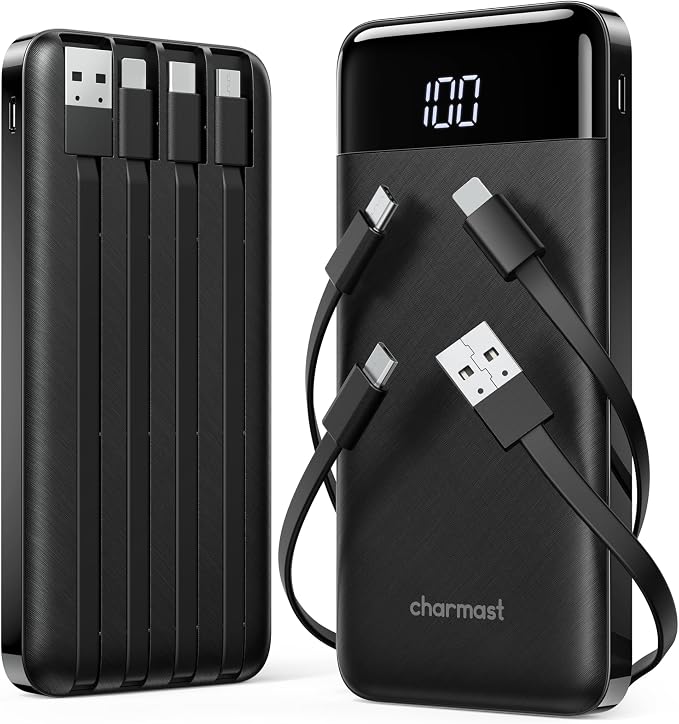charmast 2 Pack 10000mAh Portable Charger, Power Bank with Built-in 4 Cables, 6 Outputs & 3 Inputs, Battery Pack with Digital Display, Travel Essential for iPhone All Series & Android, Family Sharing