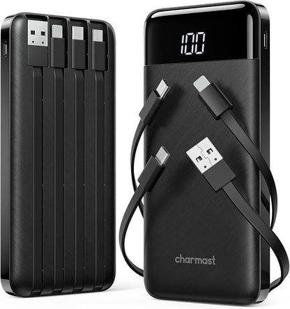 charmast 2 Pack 10000mAh Portable Charger, Power Bank with Built-in 4 Cables, 6 Outputs & 3 Inputs, Battery Pack with Digital Display, Travel Essential for iPhone All Series & Android, Family Sharing