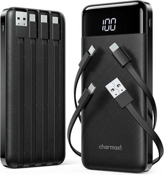 charmast 2 Pack 10000mAh Portable Charger, Power Bank with Built-in 4 Cables, 6 Outputs & 3 Inputs, Battery Pack with Digital Display, Travel Essential for iPhone All Series & Android, Family Sharing