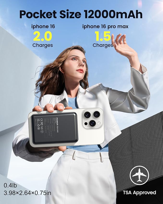 for Magsafe Portable Charger Battery Pack - 12000mAh Magnetic Power Bank PD 22.5W USB C & 15W Wireless Fast Charging Battery Pack Phone Charger for iPhone 17/16/15/14/13/12 All Series