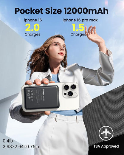for Magsafe Portable Charger Battery Pack - 12000mAh Magnetic Power Bank PD 22.5W USB C & 15W Wireless Fast Charging Battery Pack Phone Charger for iPhone 17/16/15/14/13/12 All Series
