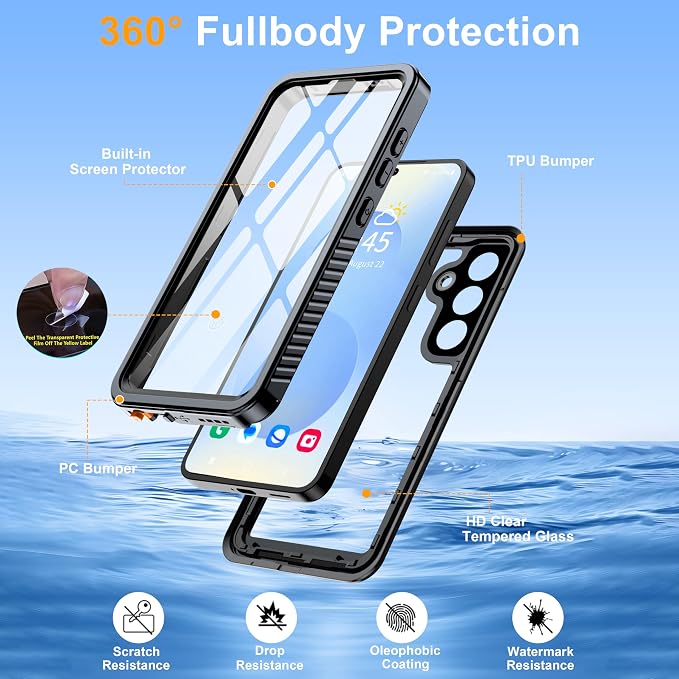GOLDJU for Samsung Galaxy S25 Case Waterproof,IP68 Waterproof Dustproof Case with Built-in Screen Protector, Full Body Protective Phone Cover for Galaxy S25 6.2 Inch, Black/Clear
