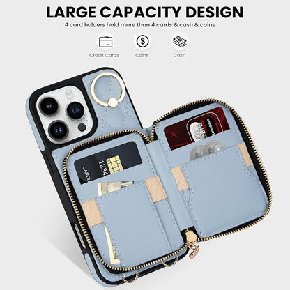 Keallce Case for iPhone 16 Pro 6.3'' Wallet Case, Crossbody Zipper Purse with Wristlet for Women, RFID Blocking Card Holders, 360° Ring Kickstand Flip Leather Case for iPhone 16 Pro, Blue