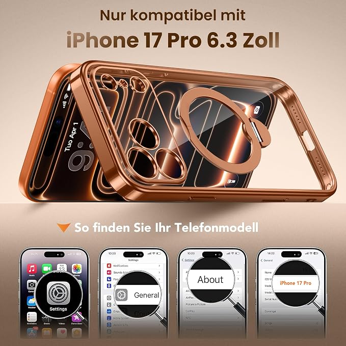 GolbinBox for iPhone 17 Pro Case with 360° Spin Magnetic Stand,[Compatible with Magsafe] [Military Protection][Built-in Ring Holder] Camera Control Phone Case for 17 Pro,Cosmic Orange/Clear