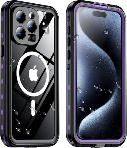 Temdan Magnetic for iPhone 15 Pro Case Waterproof,Built-in Screen Protector[IP68 Underwater][Upgrade Military Dropproof][Compatible with MagSafe] Full Body Shockproof Translucent Case 6.7''-Purple