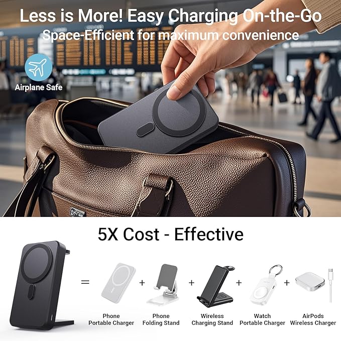 3-in-1 Portable Charger,10000mAh Foldable Power Bank Fast Charging,MagSafe Charger Battery Pack Magnetic,Travel Wireless Charging Station for iPhone 17/16/15/14/13/12,iWatch,Air pods,MatteBlack