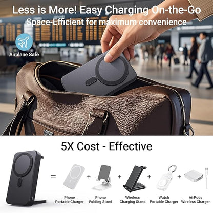 3-in-1 Portable Charger,10000mAh Foldable Power Bank Fast Charging,MagSafe Charger Battery Pack Magnetic,Travel Wireless Charging Station for iPhone 17/16/15/14/13/12,iWatch,Air pods,MatteBlack