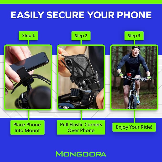 Bike & Motorcycle Phone Mount - GPS Cell Phone Holder for Bicycle Handlebar - Easy to Install Bike Accessories Fits iPhone, Galaxy, Android - Stocking Stuffers - 3 Bands (Black, Red, Green)