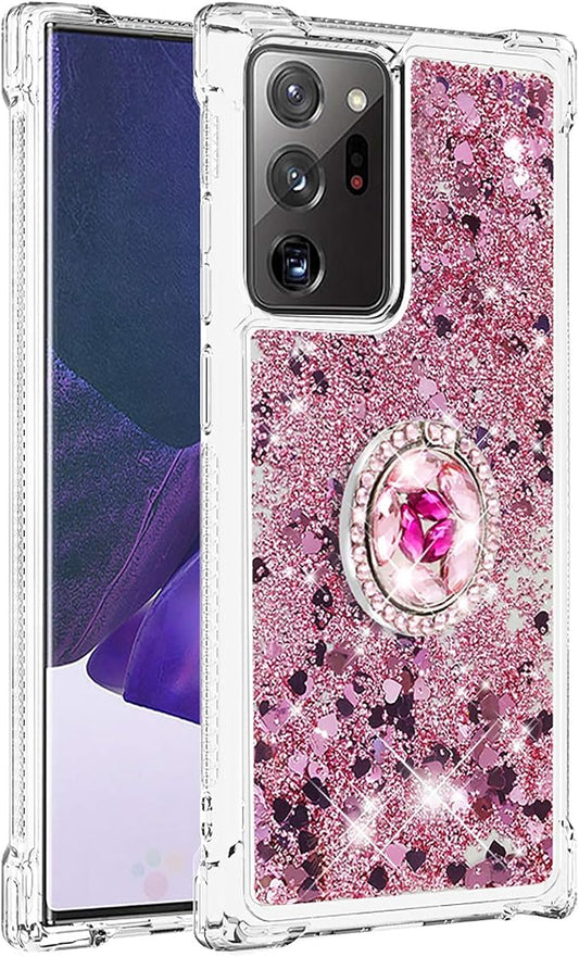 Bumper Case for Galaxy Note 20 Ultra, Glitter Floating Liquid Protective Cover Silicone Phone Case 360°Rotatable Ring Holder Scratch Shell Ultra Slim compatible with Samsung Galaxy Note 20 Ultra