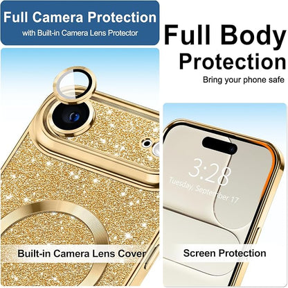 Hython for iPhone Air Case Glitter Clear Magnetic Phone Cases [Compatible with MagSafe] Full Camera Lens Protector Sparkle Luxury Plating Slim Shockproof Protective Cover Women, Gold