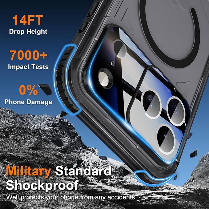 WIFORT for iPhone 17 Pro Waterproof Case, [Fit for Magsafe] with Sapphire Lens & Screen Protector, IP68 Full Body 15FT Military Shockproof, Magnetic Frosted Phone Cover with Lanyard, 6.3" Black