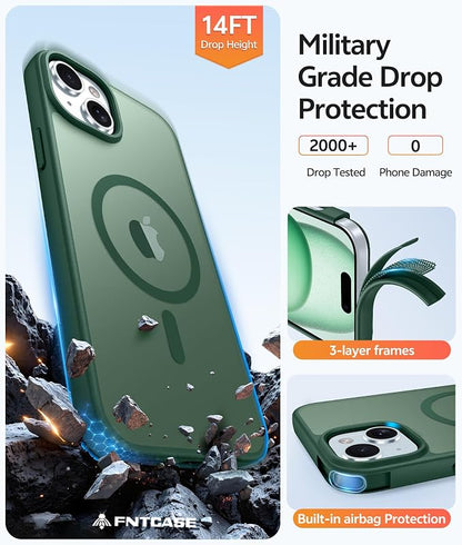 FNTCASE for iPhone 15 Case: for iPhone 14 Case & iPhone 13 Case [Compatible with Magsafe] Translucent Matte Cases with [Screen Protector] Military Grade Shockproof Protective Phone Cover - Green