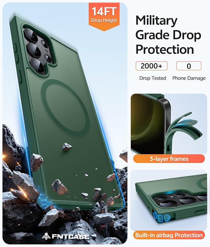 FNTCASE for Samsung Galaxy S23 Ultra Case, Compatible with Magsafe Green | Translucent Matte Magnetic Back, 14FT Military Grade Drop Protection, Shockproof Protective Phone Cover