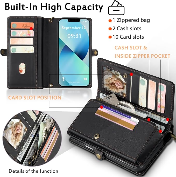 for Wallet Case Compatible with iPhone 13,Multi-Function Detachable 2 in 1 Magnetic iPhone 13 Case Wallet,Flip Strap Zipper Card Holder Phone Case with Shoulder Straps (Black)