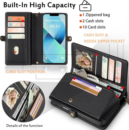 for Wallet Case Compatible with iPhone 13,Multi-Function Detachable 2 in 1 Magnetic iPhone 13 Case Wallet,Flip Strap Zipper Card Holder Phone Case with Shoulder Straps (Black)