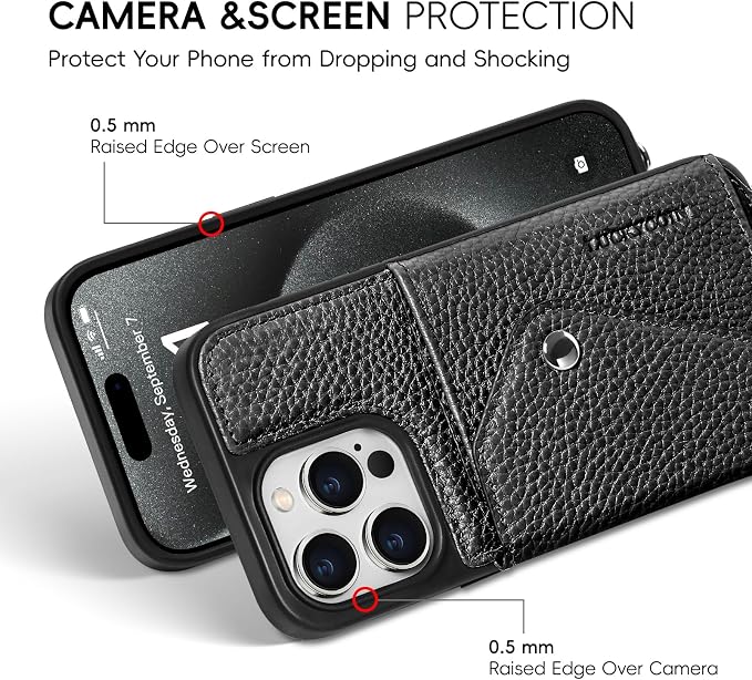LUCKYCOIN for iPhone 14 Pro Max Crossbody Wallet Case – Genuine Leather Phone Purse with Adjustable Strap and Card Holder,Lanyard Phone Purse Case for Women,Pebble Grain Black