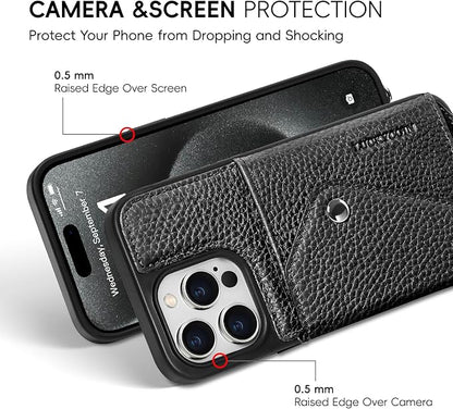 LUCKYCOIN for iPhone 14 Pro Max Crossbody Wallet Case – Genuine Leather Phone Purse with Adjustable Strap and Card Holder,Lanyard Phone Purse Case for Women,Pebble Grain Black