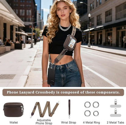 Clip and Go Cell Phone Pouch Lanyard Crossbody with Wallet | Adjustable Strap, Leather Purse Strap, Wrist Strap, For Women