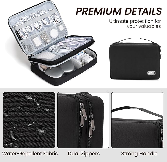 Large Electronic Organizer Travel Case, Double Layer Tech Pouch with Adjustable Dividers, Cable Organizer Bag for Charger, Power Bank, Hard Drive, Camera Gear and Travel Accessories