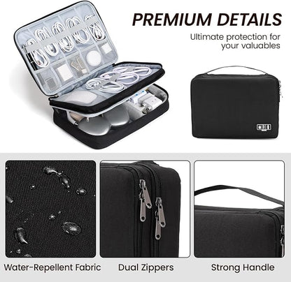 Large Electronic Organizer Travel Case, Double Layer Tech Pouch with Adjustable Dividers, Cable Organizer Bag for Charger, Power Bank, Hard Drive, Camera Gear and Travel Accessories