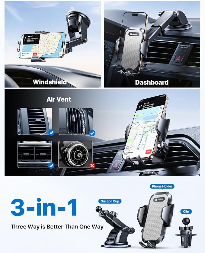 andobil Car Phone Holder, 2026 Military-Grade 89lbs Strongest Suction Phone Holders for Your Car Dashboard/Windshield/Vent Easy Clamp Cellphone Holder Truck Stand for iPhone 17 16 15 Pro Samsung Grey