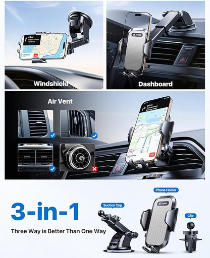 andobil Car Phone Holder Mount (Strong Suction&Bumpy Road Stable) Phone Holders for Your Car, Cell Phone Car Mount for Windshield Dash Vent Truck Cradle Stand for iPhone 17 16 15 14 Pro Max Grey