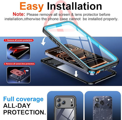 SPIDERCASE for iPhone 17 Pro Max Case Waterproof, Built-in Lens & Screen Protector, Full Heavy Duty Protection, 12FT Military Shockproof, Dustproof, Anti-Scratched Phone Case,Blue/Clear