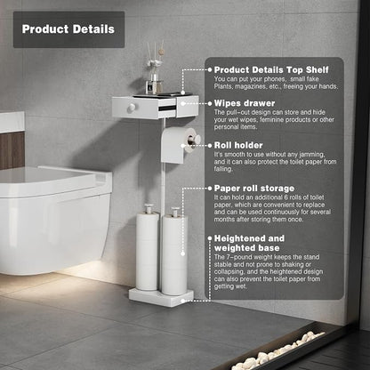 VOLDRA Toilet Paper Holder Stand with Shelf, Free Standing Toilet Paper Roll Holder with Wipes Storage Drawer Heavy Duty Floor Bathroom Tissue Holder Freestanding No Drill Tp Holder for 7 Rolls(White)