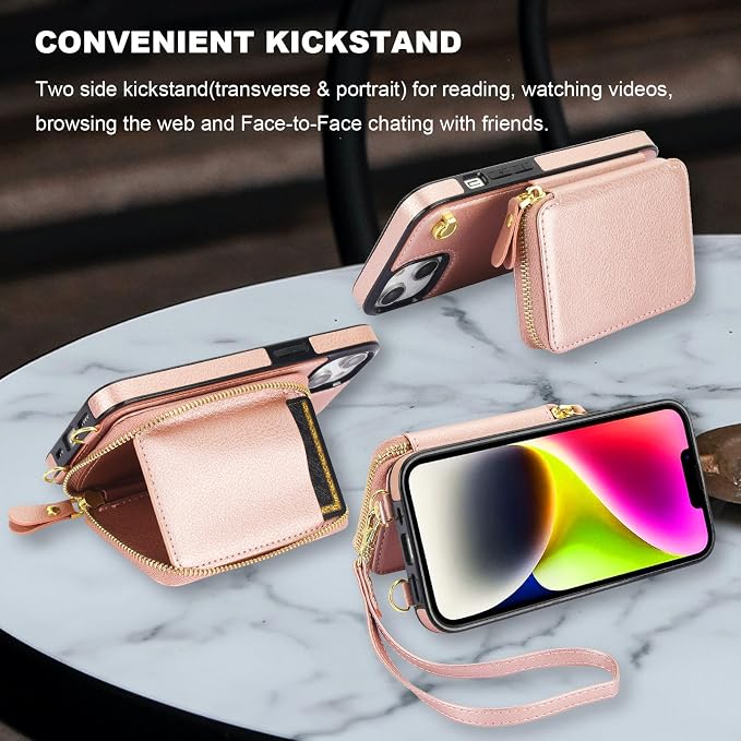 Bocasal for MagSafe Crossbody Wallet Case Compatible with iPhone 14 iPhone 13, RFID Blocking Protective Purse Case with Card Slots Holder Kickstand Wrist Strap Lanyard Zipper 6.1 Inch 5G (Rose Gold)