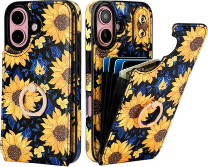 HAOPINSH for iPhone 16 Wallet Case with Card Holder, 360°Rotation Ring Kickstand, Blooming Sunflowers Pattern, RFID Blocking Leather for Girls Women, Protective Cover 6.1"