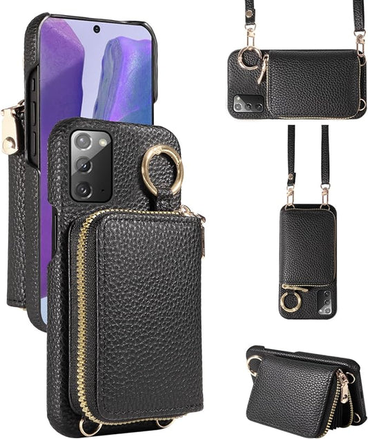 Wallet Case for Samsung Galaxy Note 20 5G with Shoulder Strap Ring Buckle, PU Leather Zipper Flip Organ Purse, Card Holder Stand Phone Cover for Note20 Notes 20s Twenty Not S20 Women Men Black
