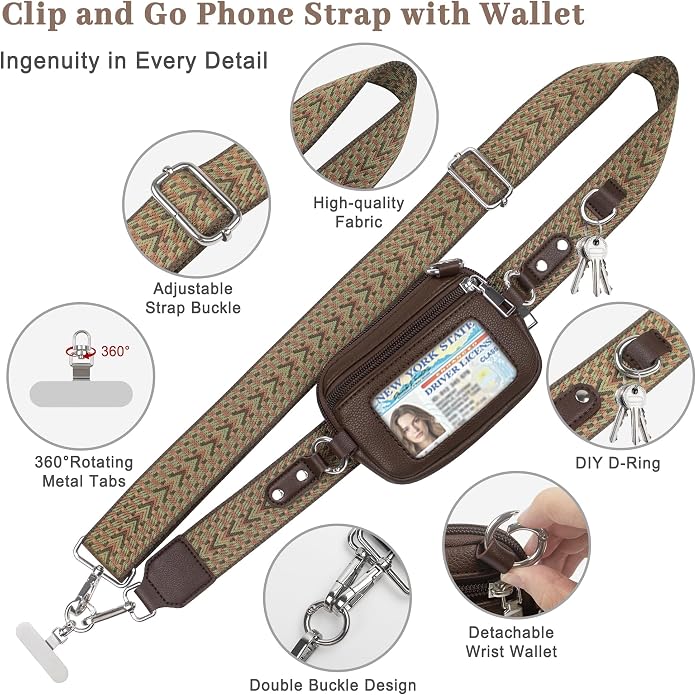 Clip and Go Cell Phone Pouch Lanyard Crossbody with Wallet | Adjustable Strap, Leather Purse Strap, Wrist Strap, For Women