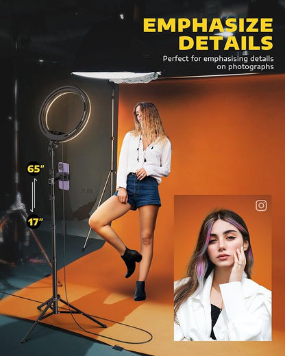 Kaiess 10.2" Selfie Ring Light with 65" Adjustable Tripod Stand & Phone Holder for Live Stream/Makeup, Upgraded Dimmable LED Ringlight for Tiktok/YouTube/Zoom Meeting/Photography (RGB)