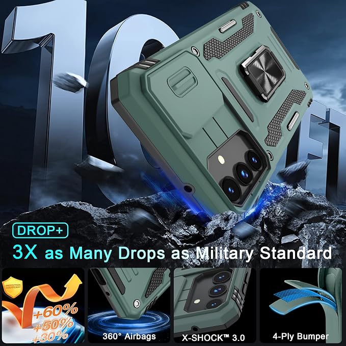 DEERLAMN Case for Samsung Galaxy A16 5G with Slide Camera Cover+Screen Protector (1 Pack), Rotated Ring Kickstand Military Grade Shockproof Protective Cover-Green