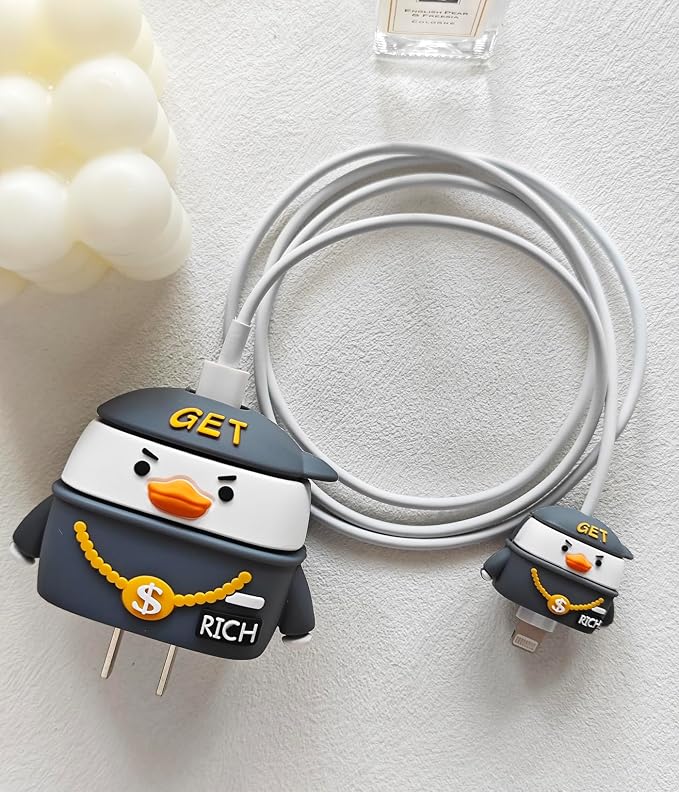 Cute Protective Case Compatible with Apple 20W USB-C Adapter Charger, 3D Cartoon Protective Cover, Cable Protector Sleeve for iPhone Charger (Rich Duck)