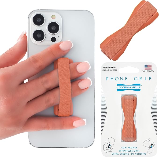 LOVEHANDLE Universal Phone Grip for Smartphones & Mini Tablets - Phone Holder for Hand - Wireless Charging Compatible - Made in The USA - Solid Coral
