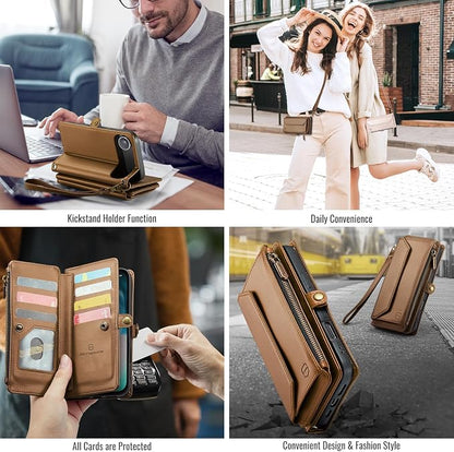 Strapurs Wallet Case Compatible with iPhone Air 6.5" RFID Blocking 10-Card Holder Soft PU Leather Magnetic Snap Shoulder Strap Zipper Pocket Phone Case Fit for iPhone 17 Air for Women - Brown