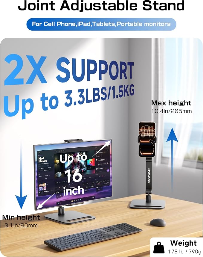 Tablet Stand Holder for iPad, Portable Monitor Stand Holder 15.6'',16'', Aluminum Alloy Foldable Arm Mount with 360° Swivel Desk Mount Compatible with 4.7-16inch Tablet, Cell Phone (Black)