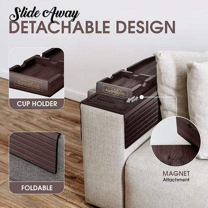 Couch Cup Holder Tray with 2 Cork Coasters, Couch Caddy, Anti-Slip Foldable Armrest Sofa Tray, Couch Armrest Table, Anti-Spill Holder for Remote, Snacks, Cellphone - Ideal Gift (Walnut)