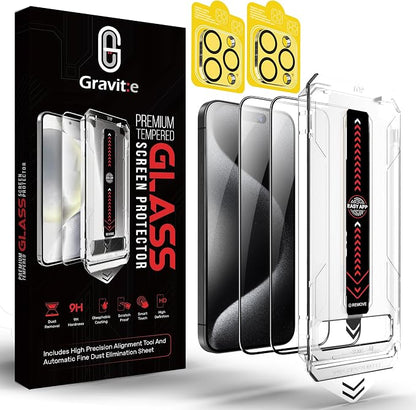 Gravit:e Screen Protector for iPhone, 9H Tempered Glass, Smart Installation Tool, Automatic Fine Dust Removal and Camera Protector 2 Pack (iPhone 15ProMax)