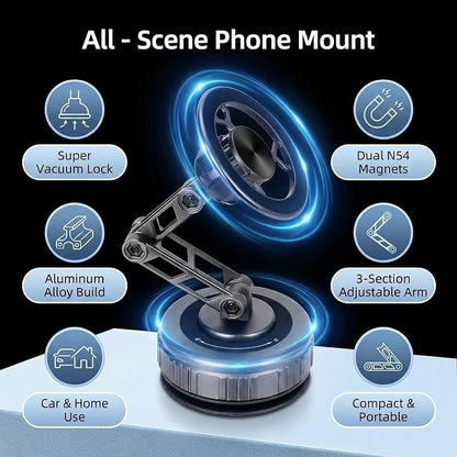 Vacuum Suction Car Phone Mount [80LBS Strong Suction & 3-Section Long Arm] Magnetic Dashboard Holder for Car, 360° Rotation Stand with Metal Ring for iPhone 17 16 15 14 13, Samsung & All Phones