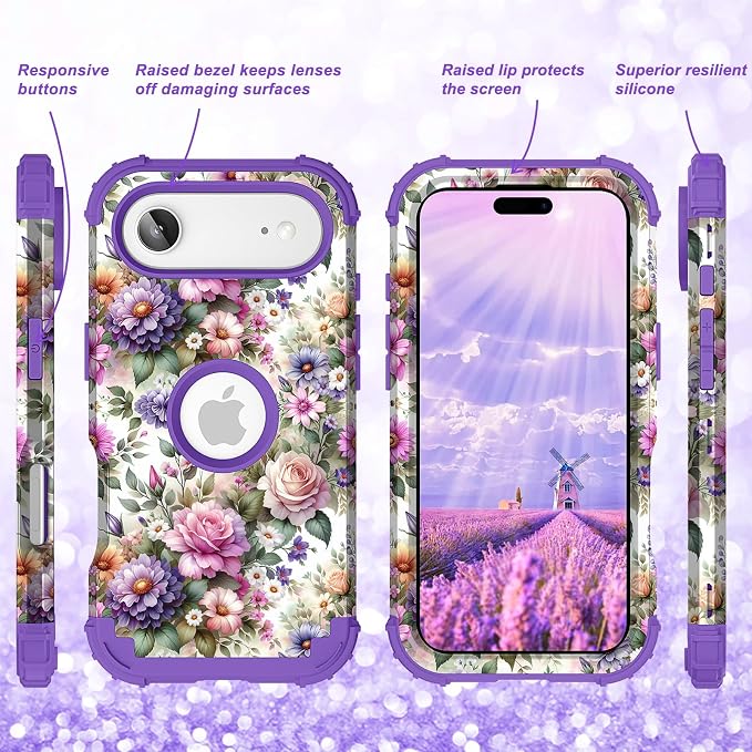Hocase for iPhone Air Case 6.5", Heavy Duty Shockproof Protection Soft Silicone Rubber+Hard Plastic Bumpers Hybrid Protective Case for iPhone Air 2025 - Purple Pink Flowers