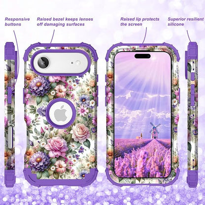 Hocase for iPhone Air Case 6.5", Heavy Duty Shockproof Protection Soft Silicone Rubber+Hard Plastic Bumpers Hybrid Protective Case for iPhone Air 2025 - Purple Pink Flowers